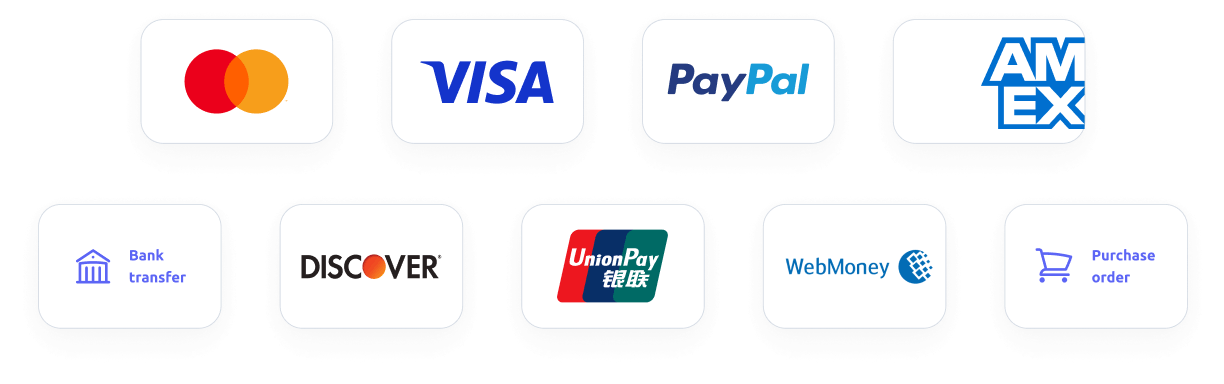 Visa, MasterCard, PayPal, Discover, American Express