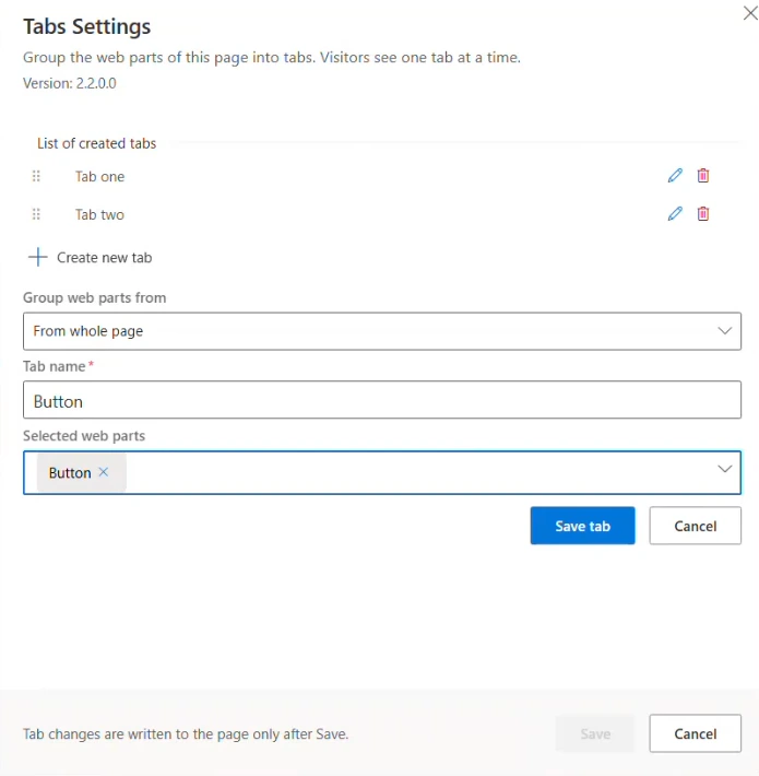 The Tabs Settings panel with two tabs in the list and the Create new tab form filled in