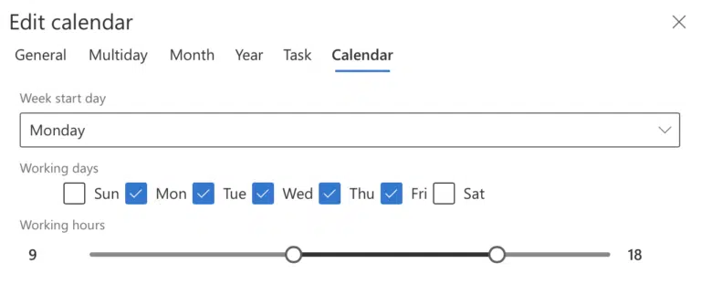 Calendar settings tab