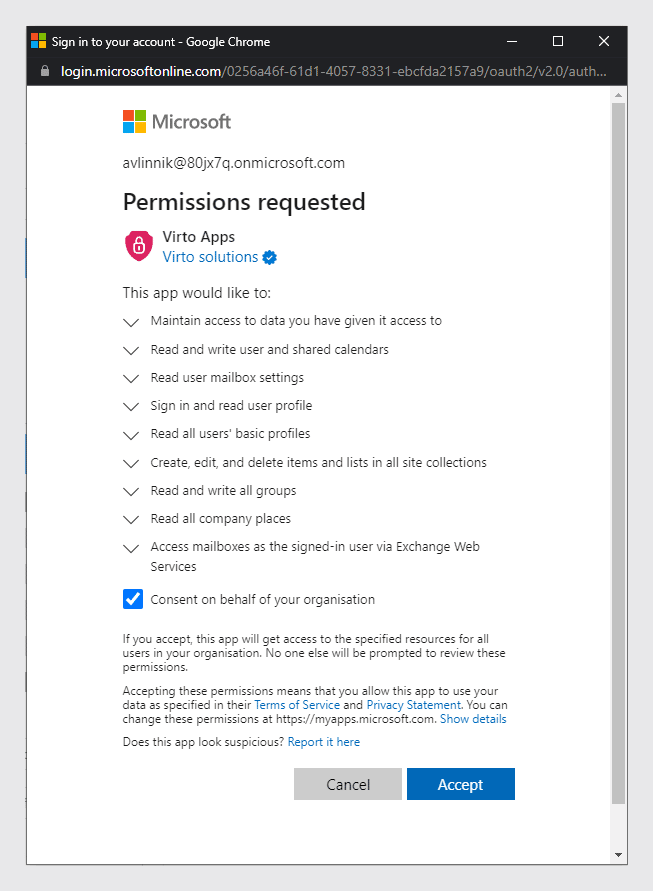 Berechtigungen für Virto Apps angefordert