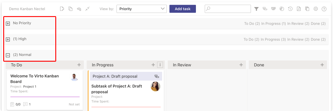 Example swimlanes in the Virto Kanban Board App organizing work by priority.