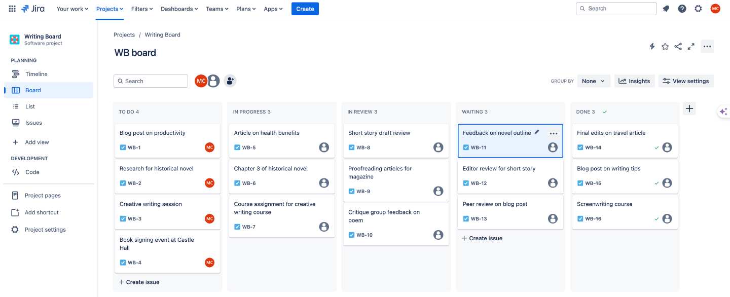 An example Jira Kanban board for a writer.