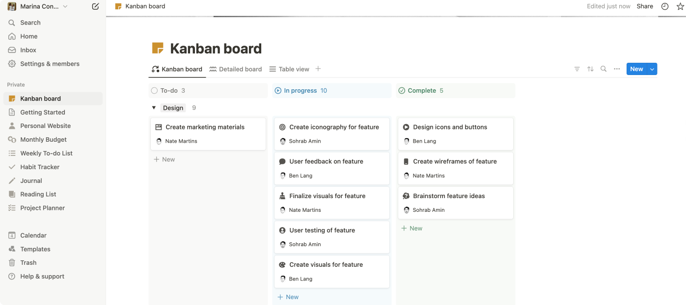 Notion Kanban board template for a design team.