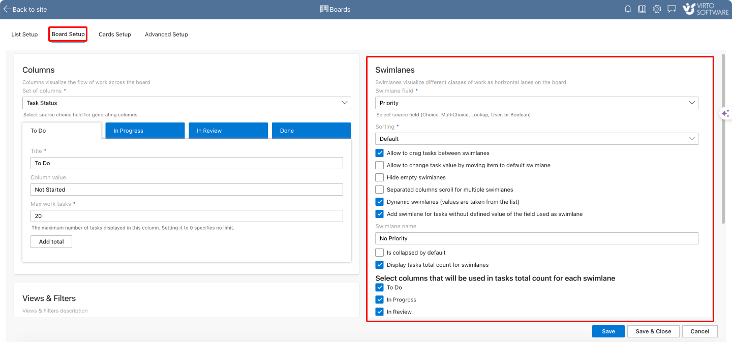 Click on “Board Setup” to access swimlane settings.