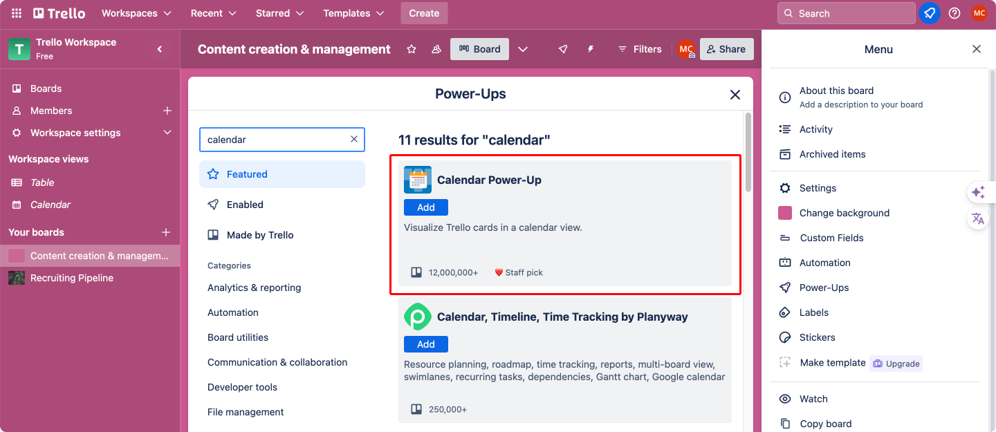 Searching for a calendar to install in Trello.