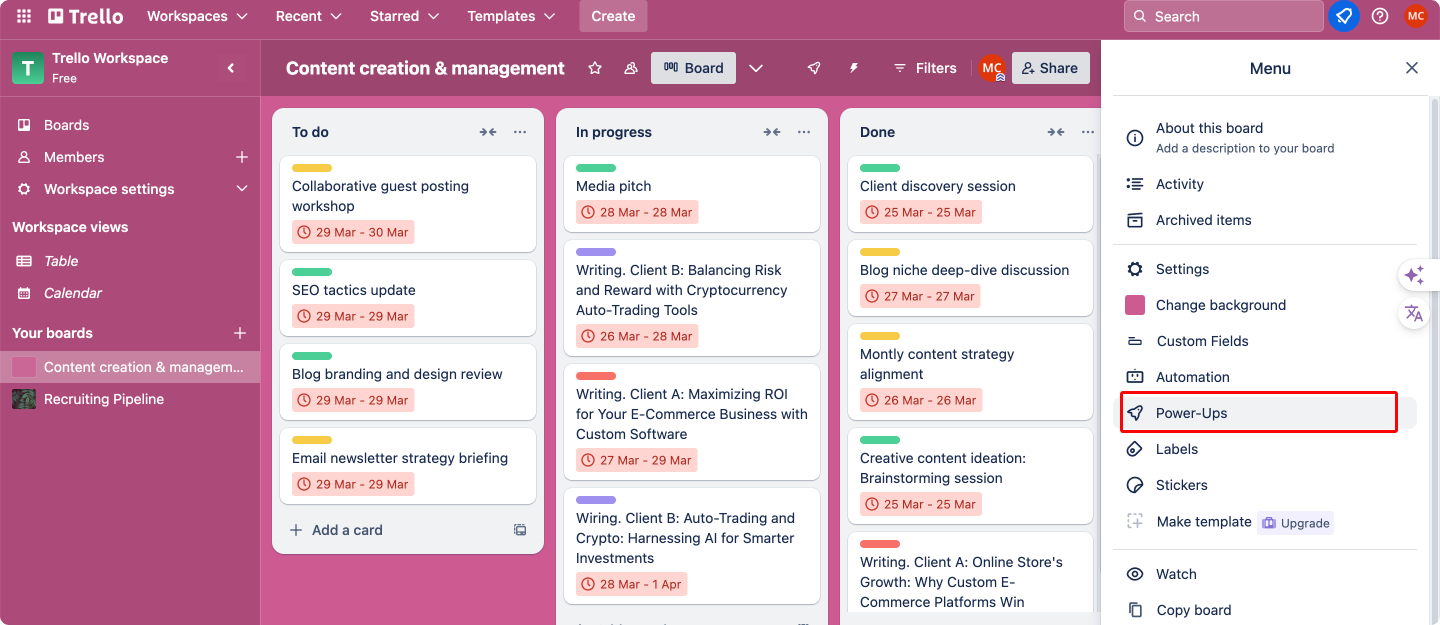 Navigating to “Power-Ups” in Trello.