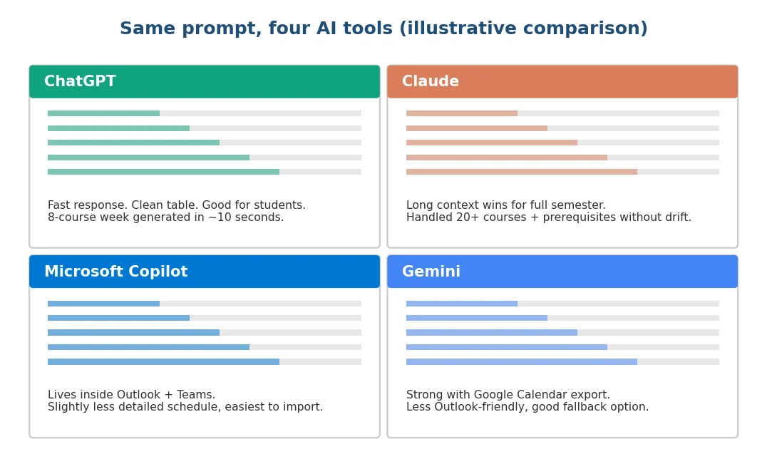 Illustrative comparison of same prompt across ChatGPT Claude Copilot and Gemini