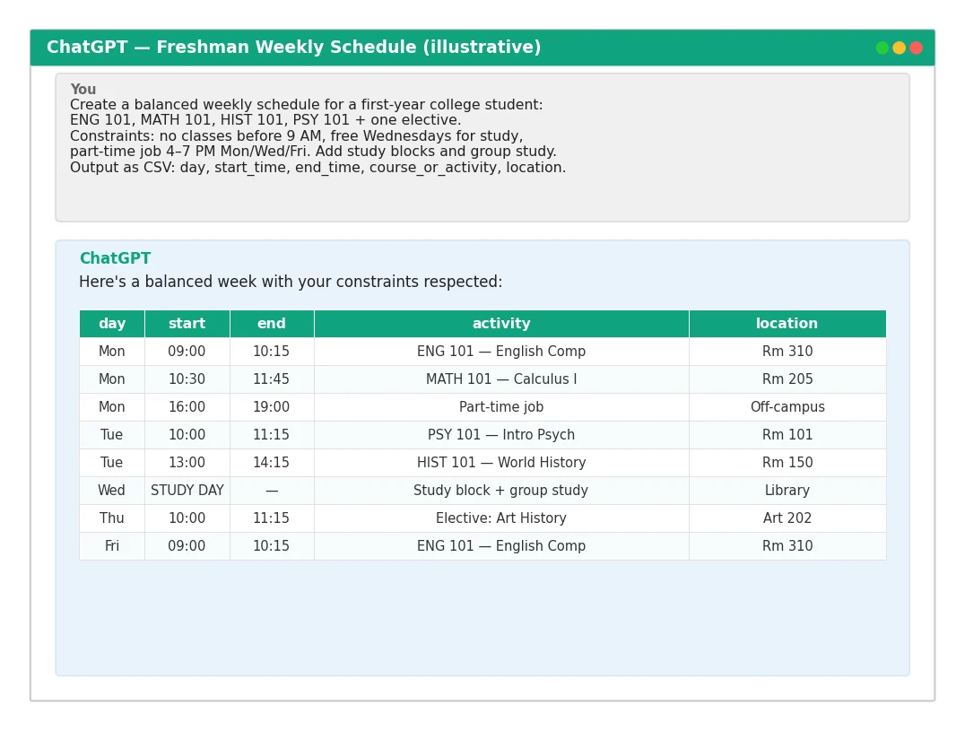Sample freshman weekly schedule generated in ChatGPT