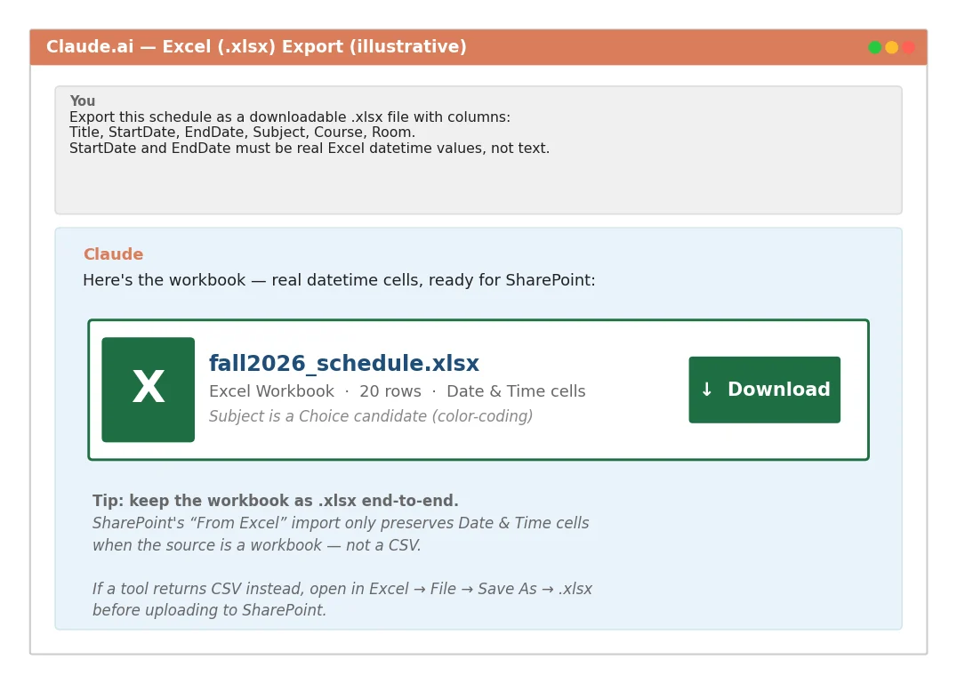 Asking Claude to export schedule as downloadable xlsx with datetime cells
