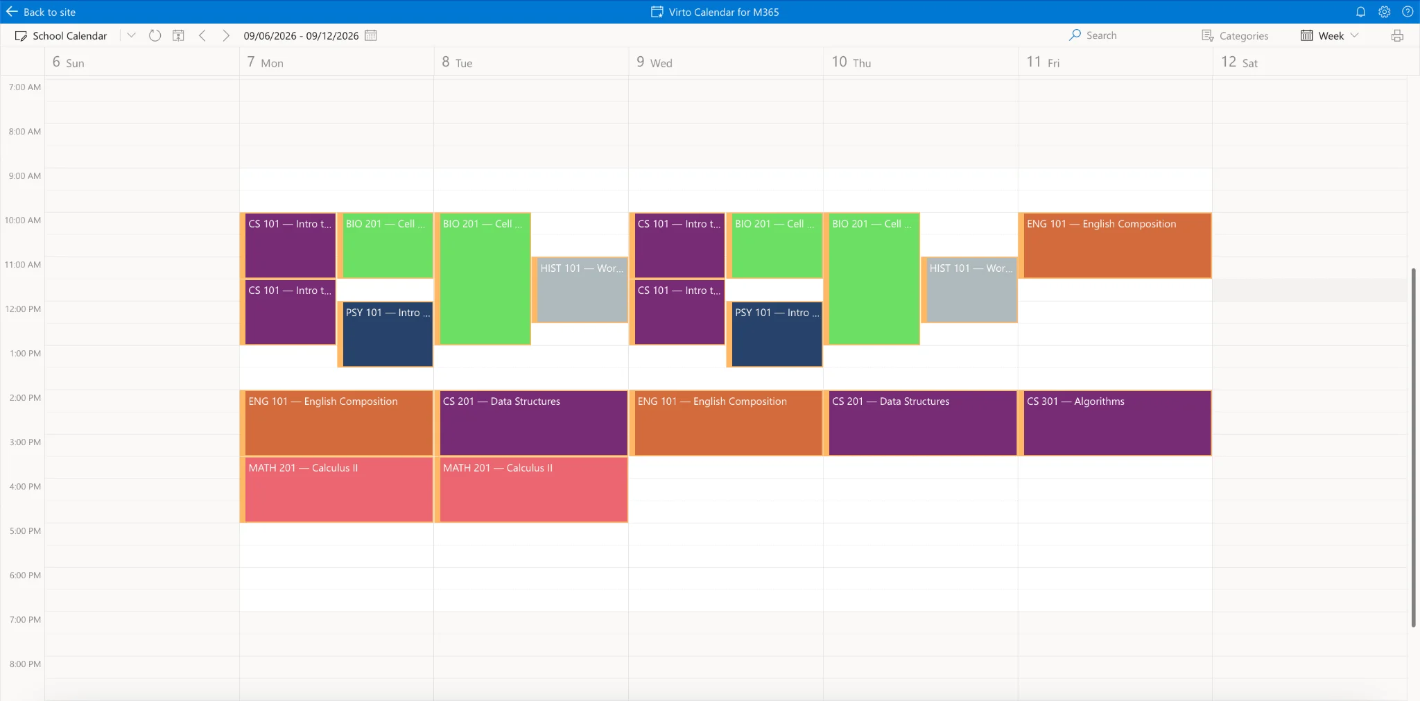 Typical college week Mon-Fri grid in Virto Calendar App