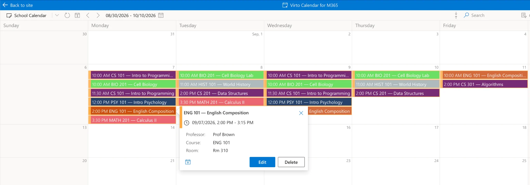 Final imported schedule rendered in Virto Calendar App color-coded by subject