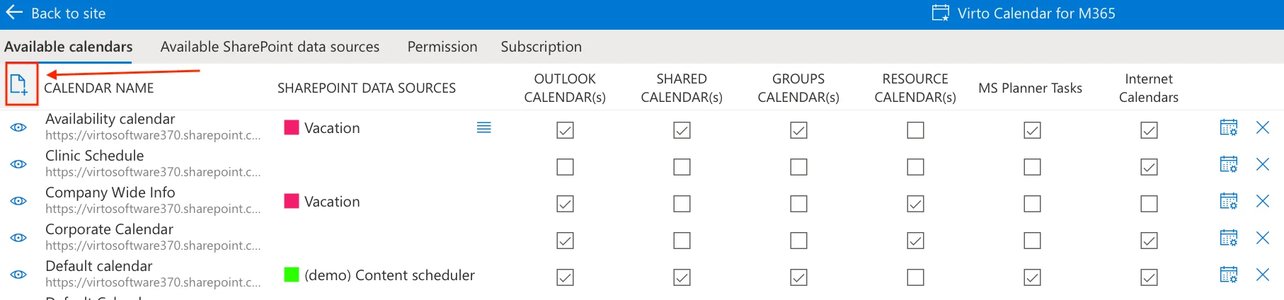 Creating new calendar in Virto Calendar App settings panel