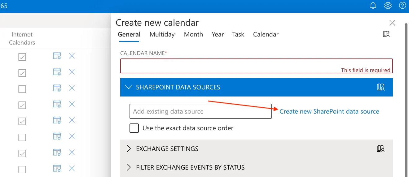 Creating new SharePoint data source in Virto Calendar App