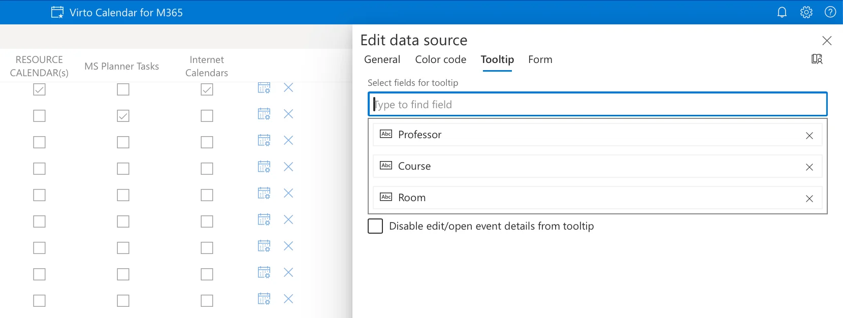 Editing tooltip fields in Virto Calendar App