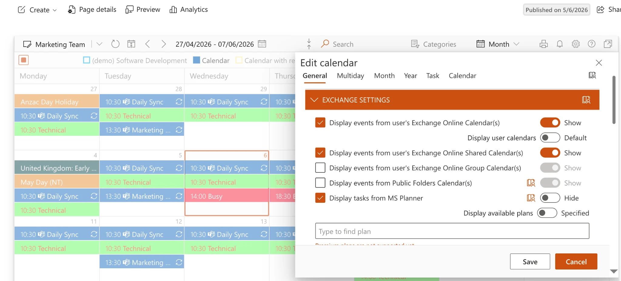 Exchange Outlook calendar data source setup
