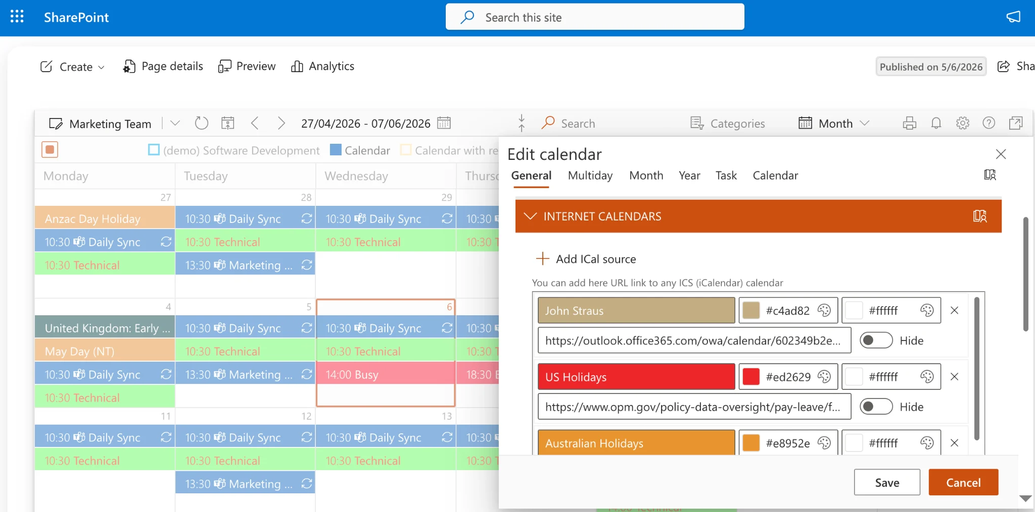 iCal and room resource data source configuration