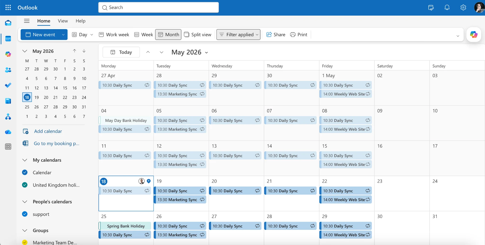 Outlook calendar overlay multiple colour-coded calendars