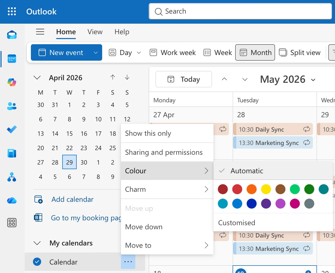 Outlook calendar color picker showing predefined shades and custom palette