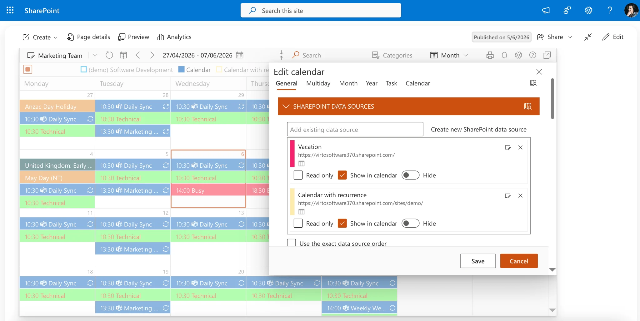 SharePoint list data source configuration panel