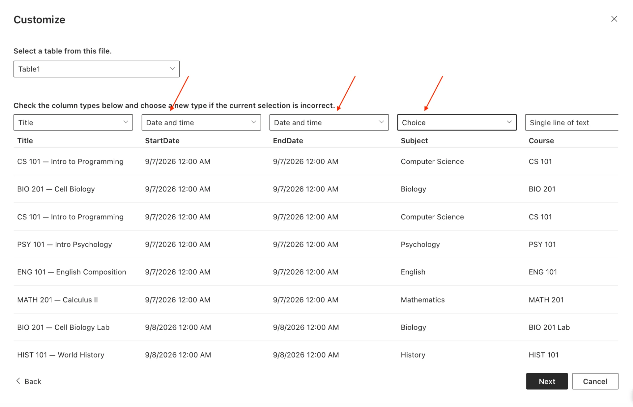 SharePoint Excel import column type settings