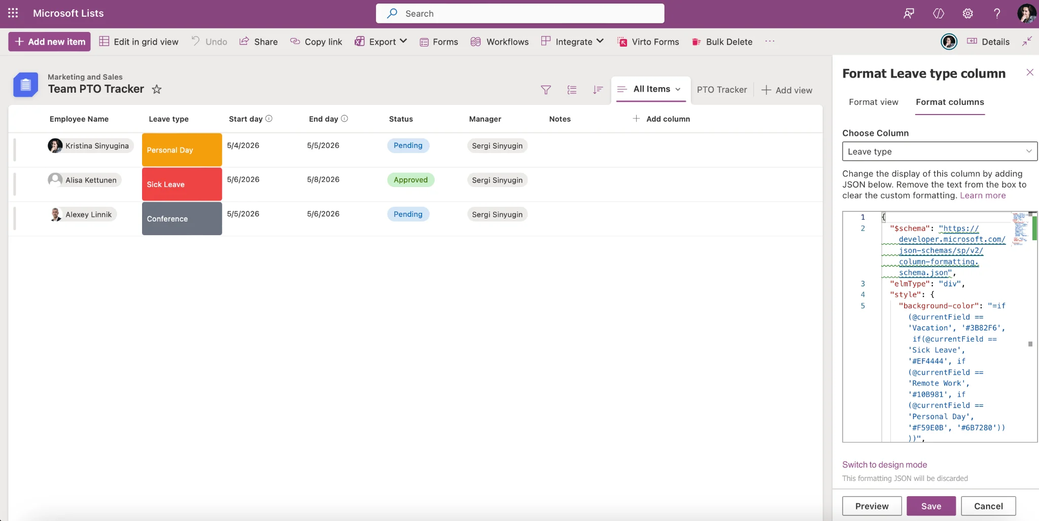 SharePoint column formatting JSON editor
