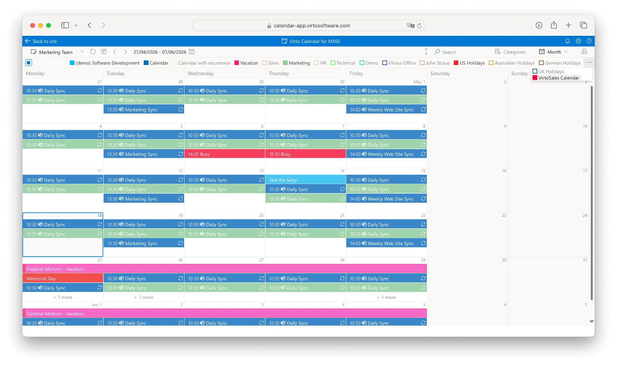 Virto Calendar monthly grid with colour-coded categories