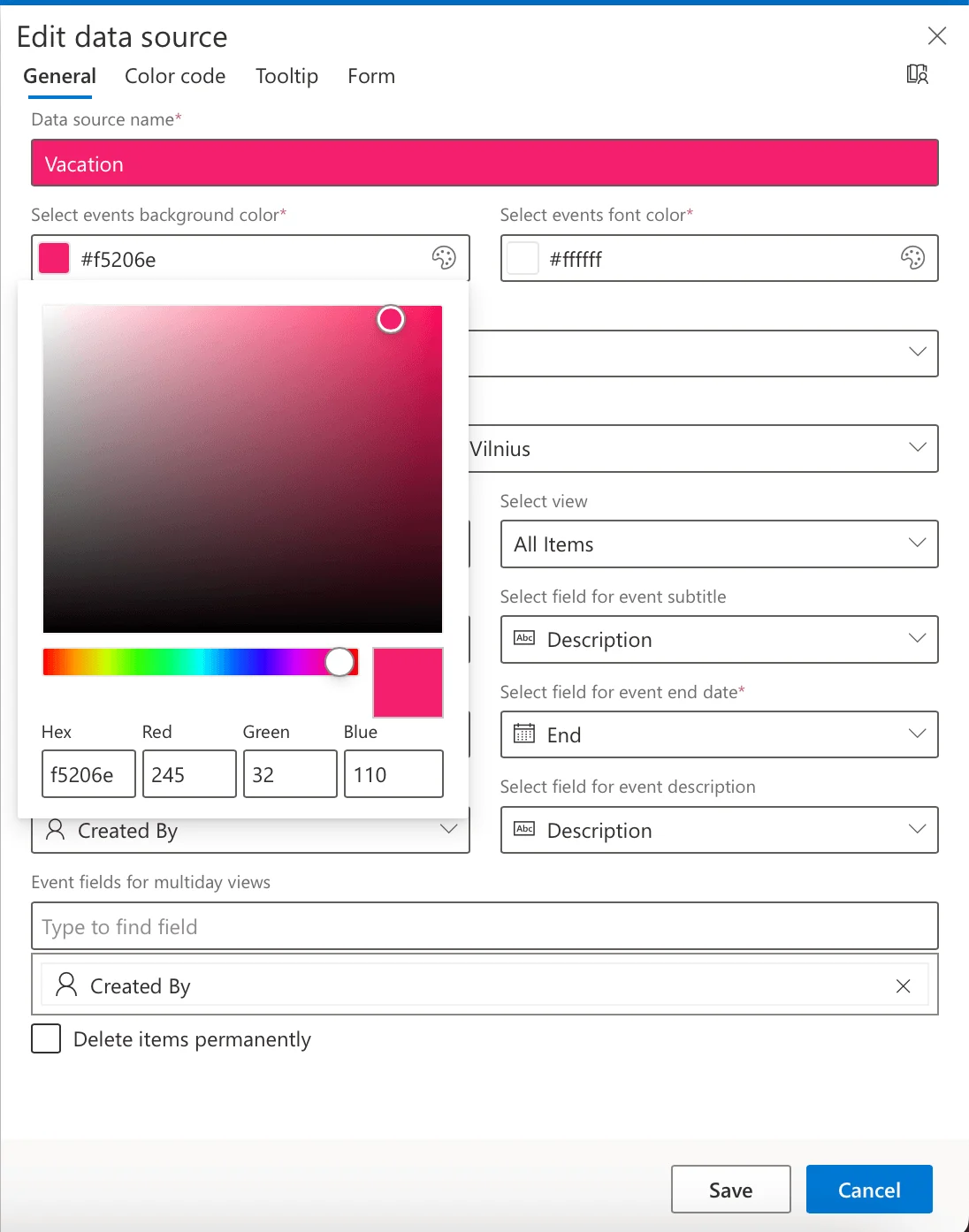 Virto Calendar App settings panel showing per-source and per-category color assignment