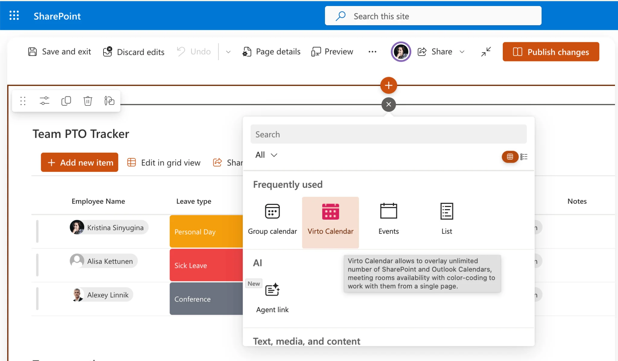 Virto Calendar App web part added to SharePoint page