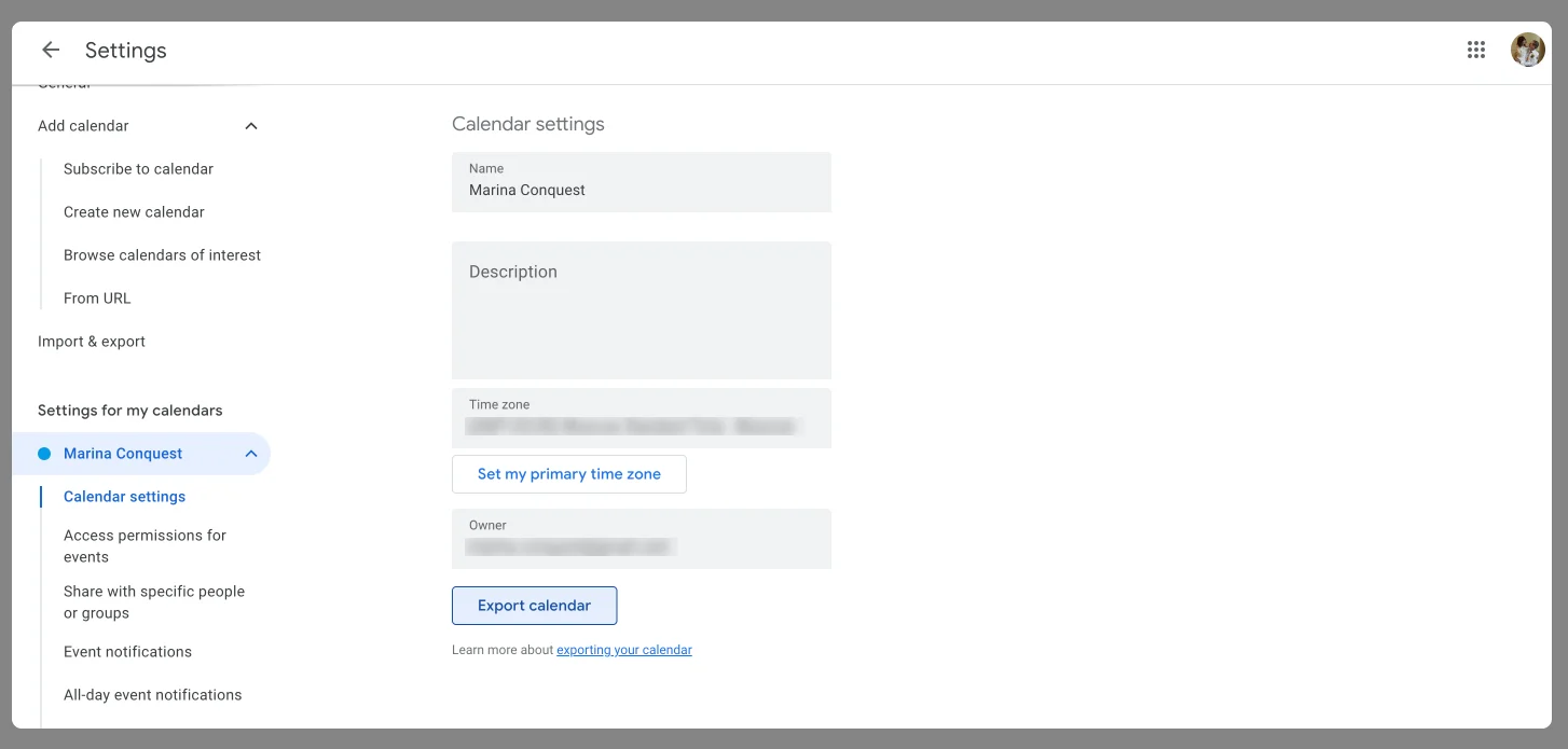 Exporting a Google calendar