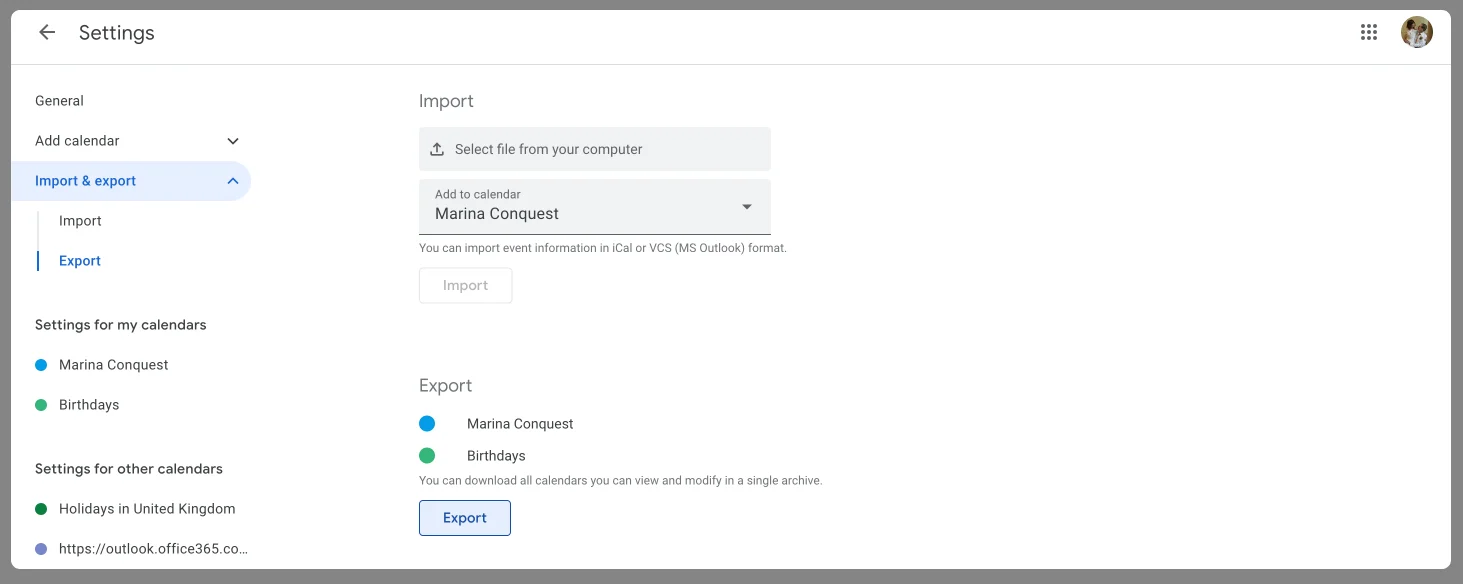 Importing into a Google calendar