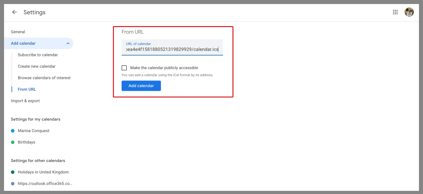 Pasting the ICS link in Google Calendar’s Other calendars section