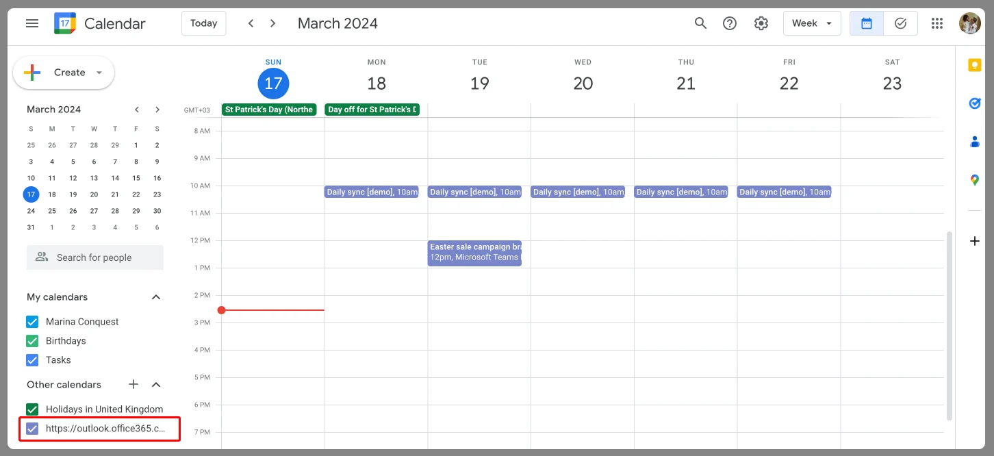 Unified view of Google and Microsoft Teams calendars