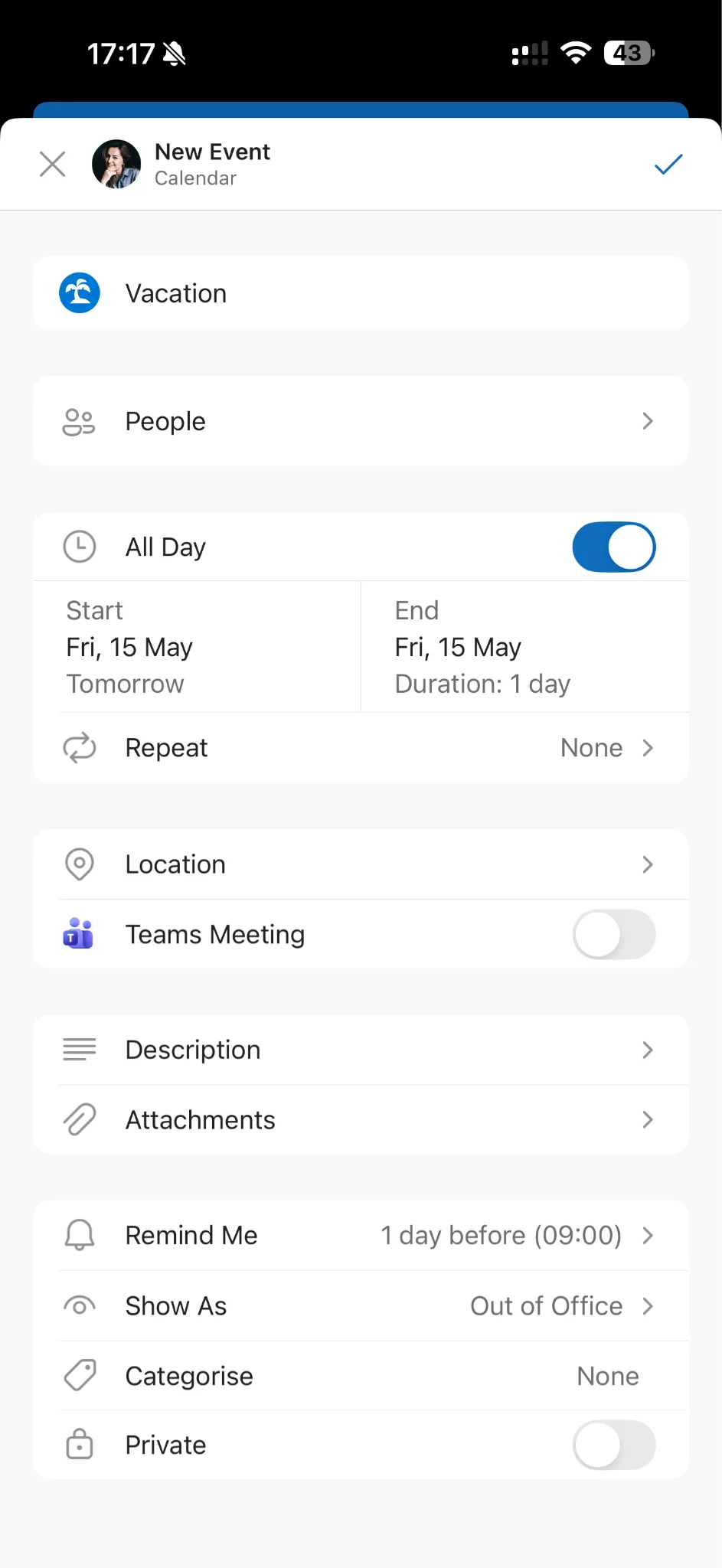 Outlook mobile vacation event setup