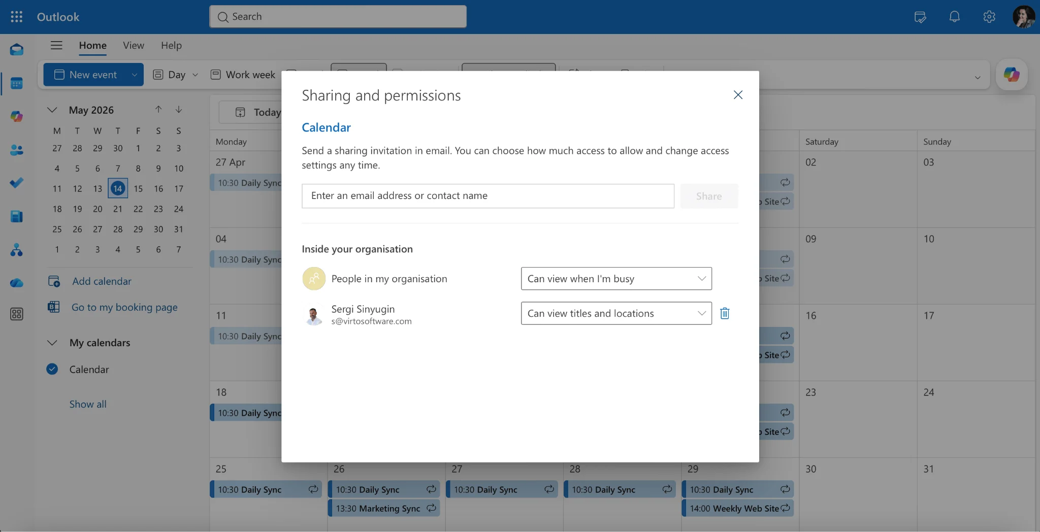 Sharing and permissions dialog for calendar