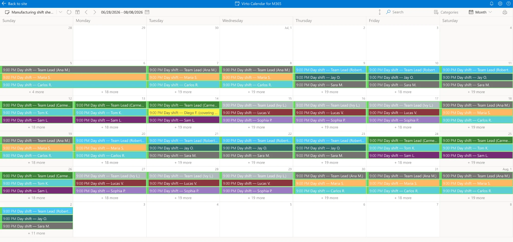 Color-coded shift calendar view