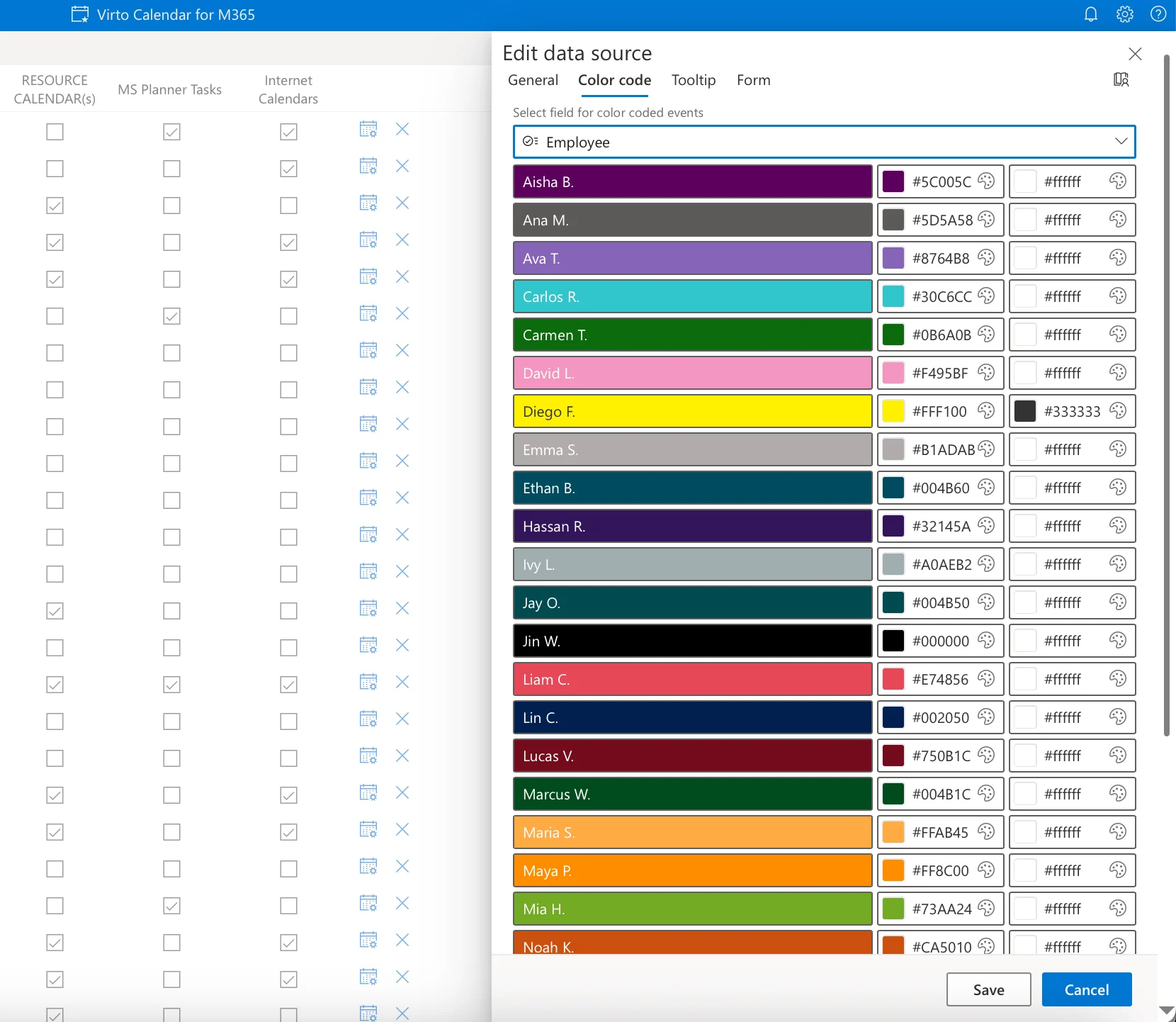 Color-coding settings in the Virto Calendar App