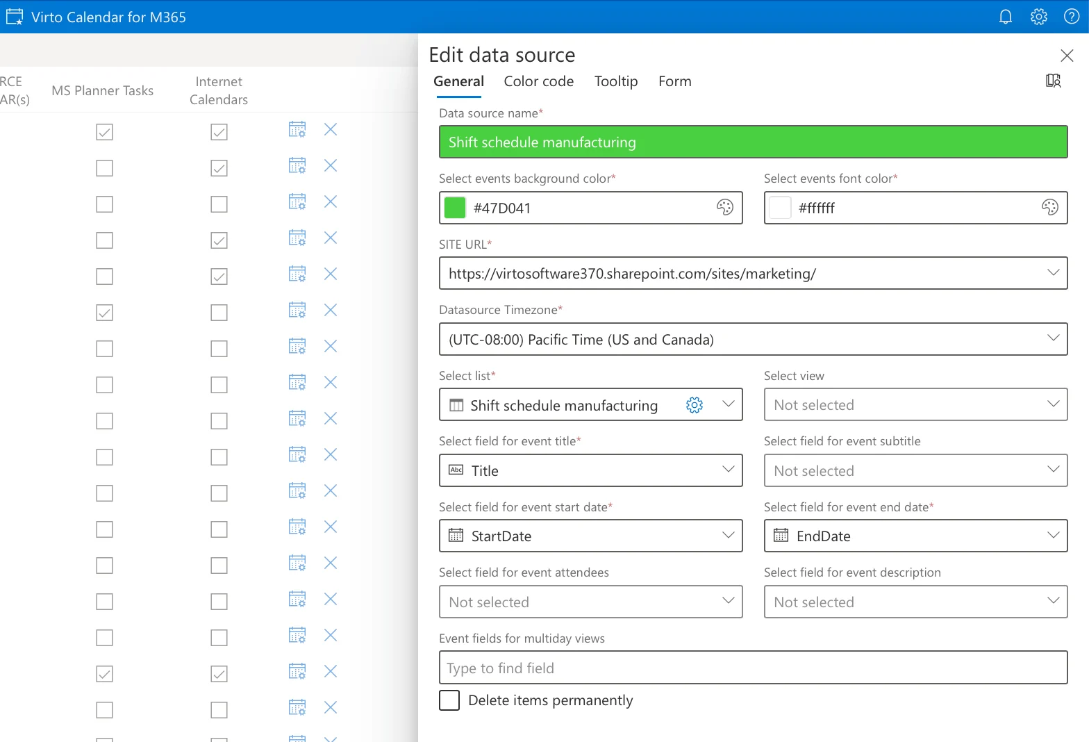 Mapping fields and color-coding in the Virto Calendar App