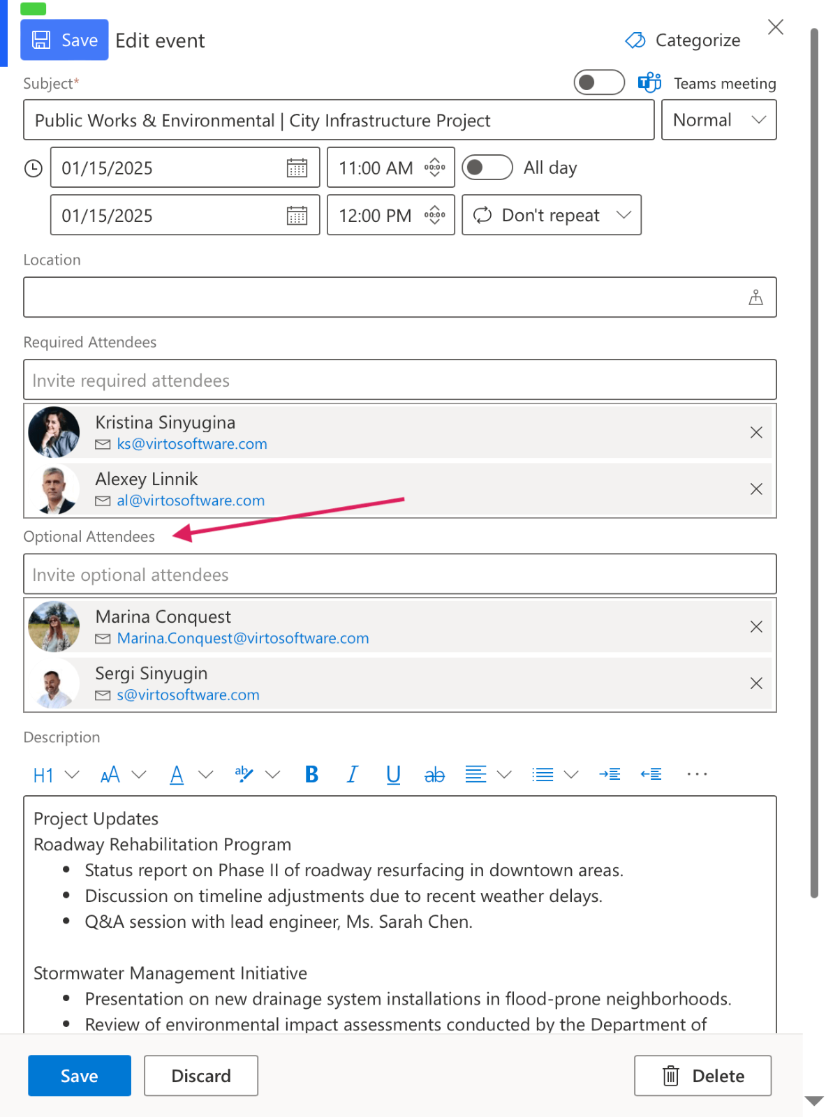 Optionale Teilnehmer in Virto Calendar 