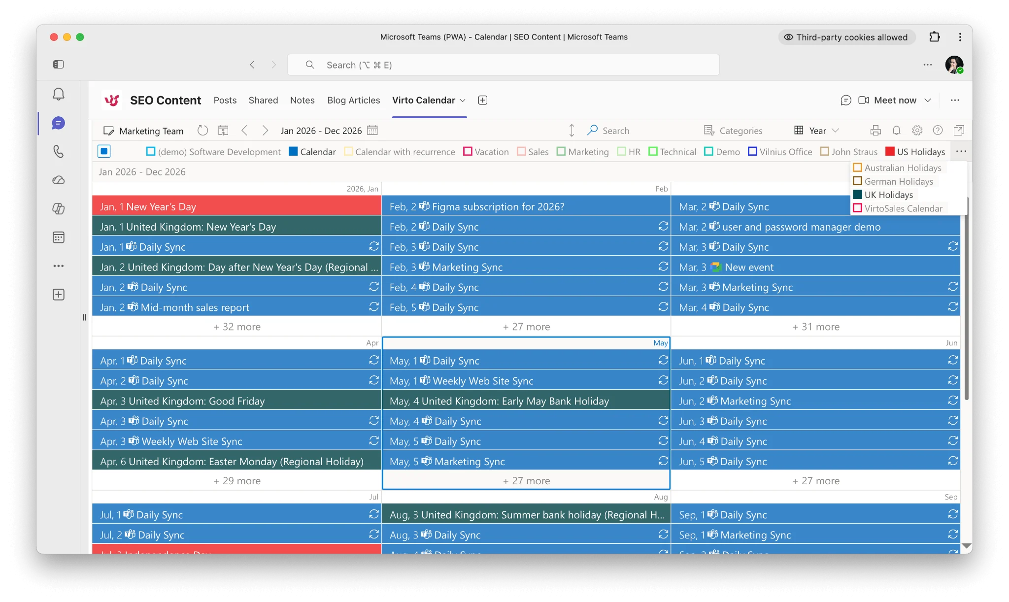Virto Calendar App showing multiple regional holiday sources in one view