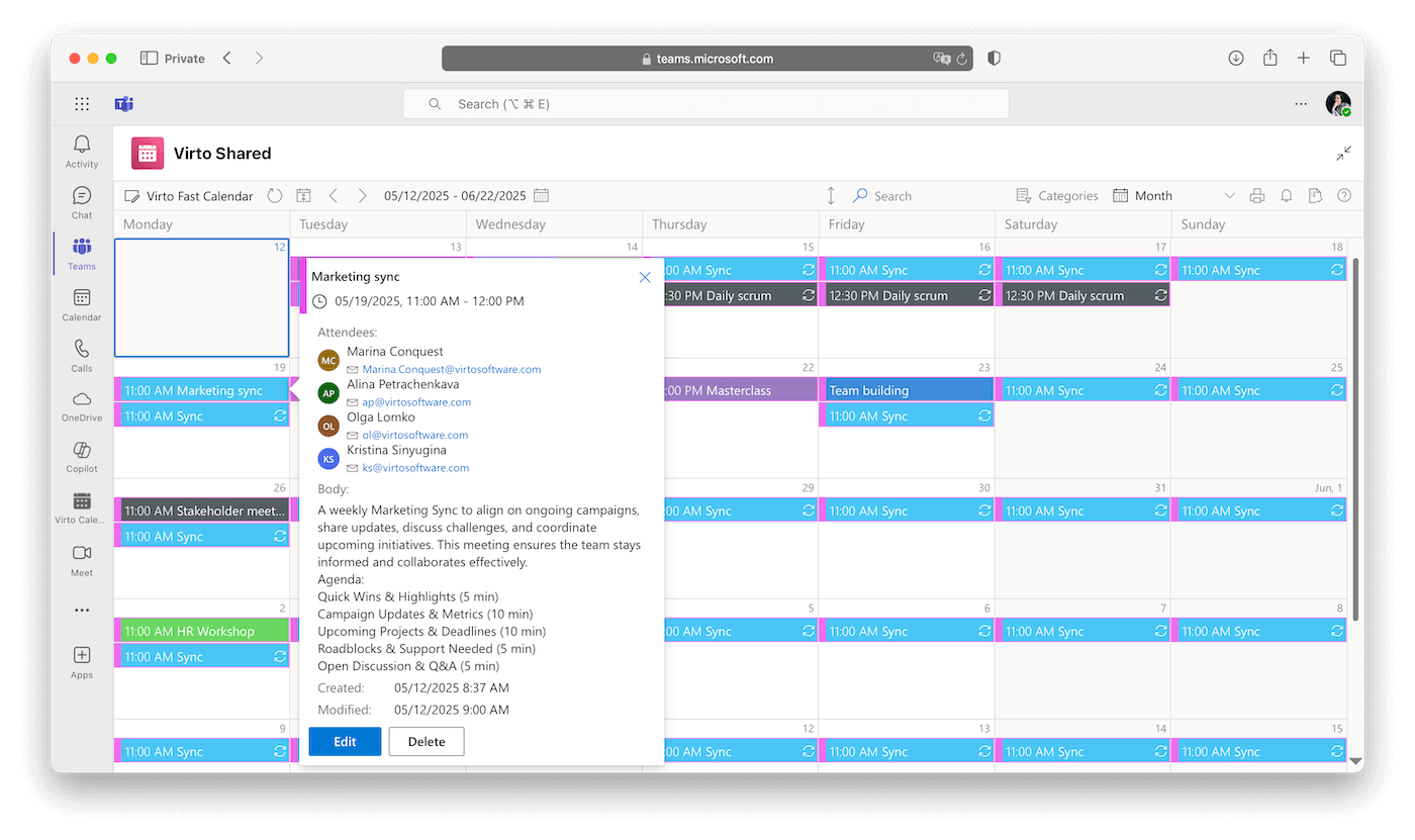 Sample Virto Shared Calendar in Teams