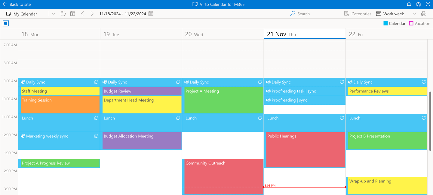 Sample color-coded Virto Calendar App