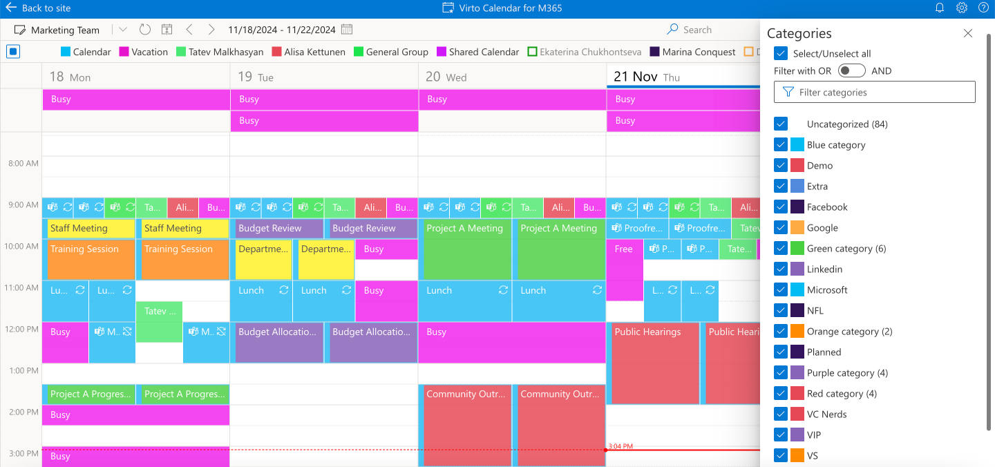 Sample overlay Virto Calendar App with categories
