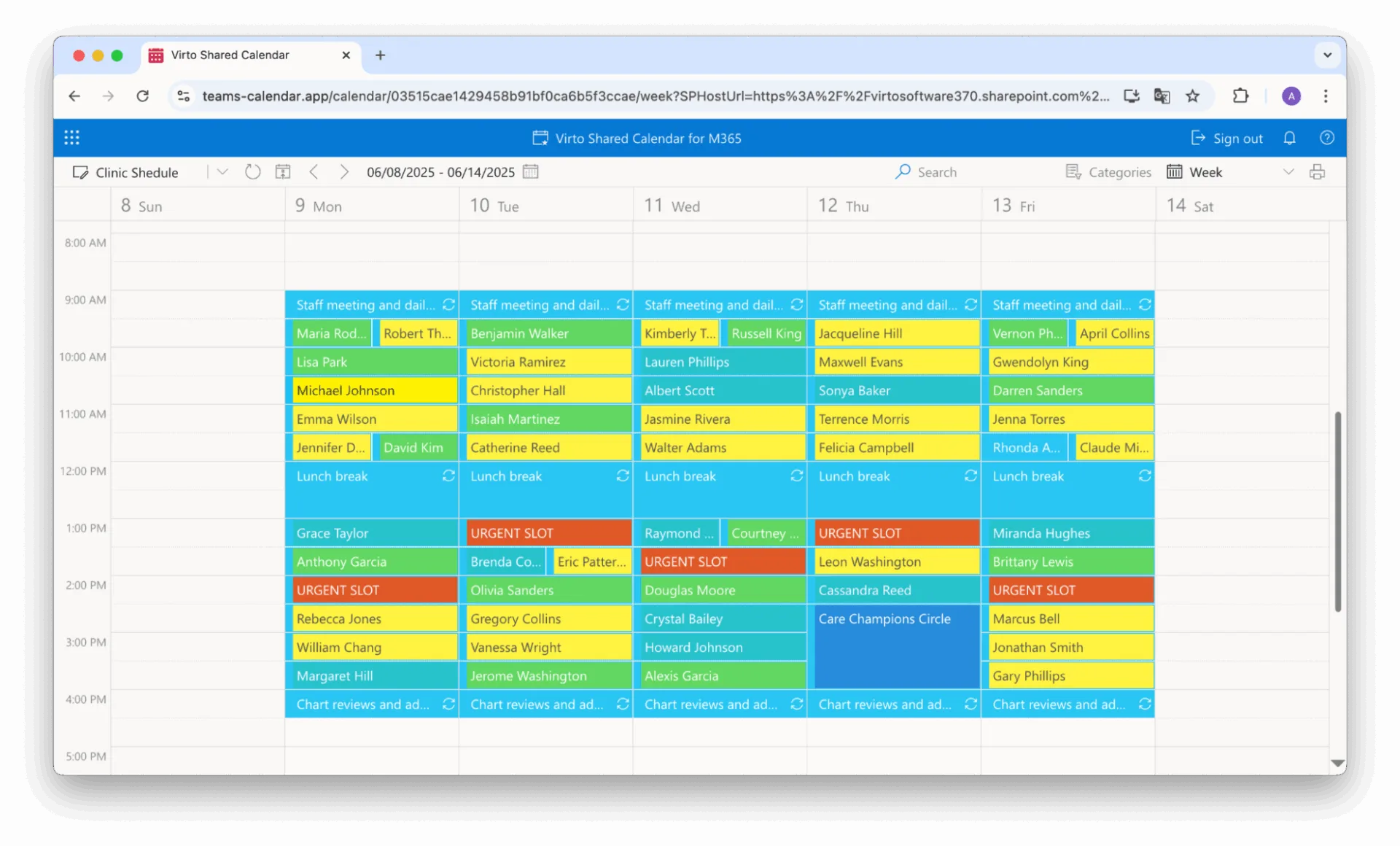 Farbcodierter Beispiel-Klinikplan in Virto Shared Calendar