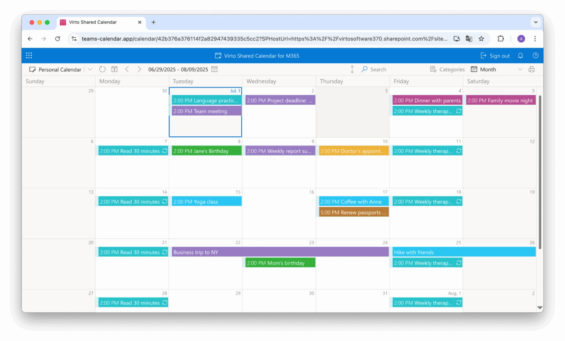 Beispiel eines persönlichen Kalenders in Virto Shared Calendar. 