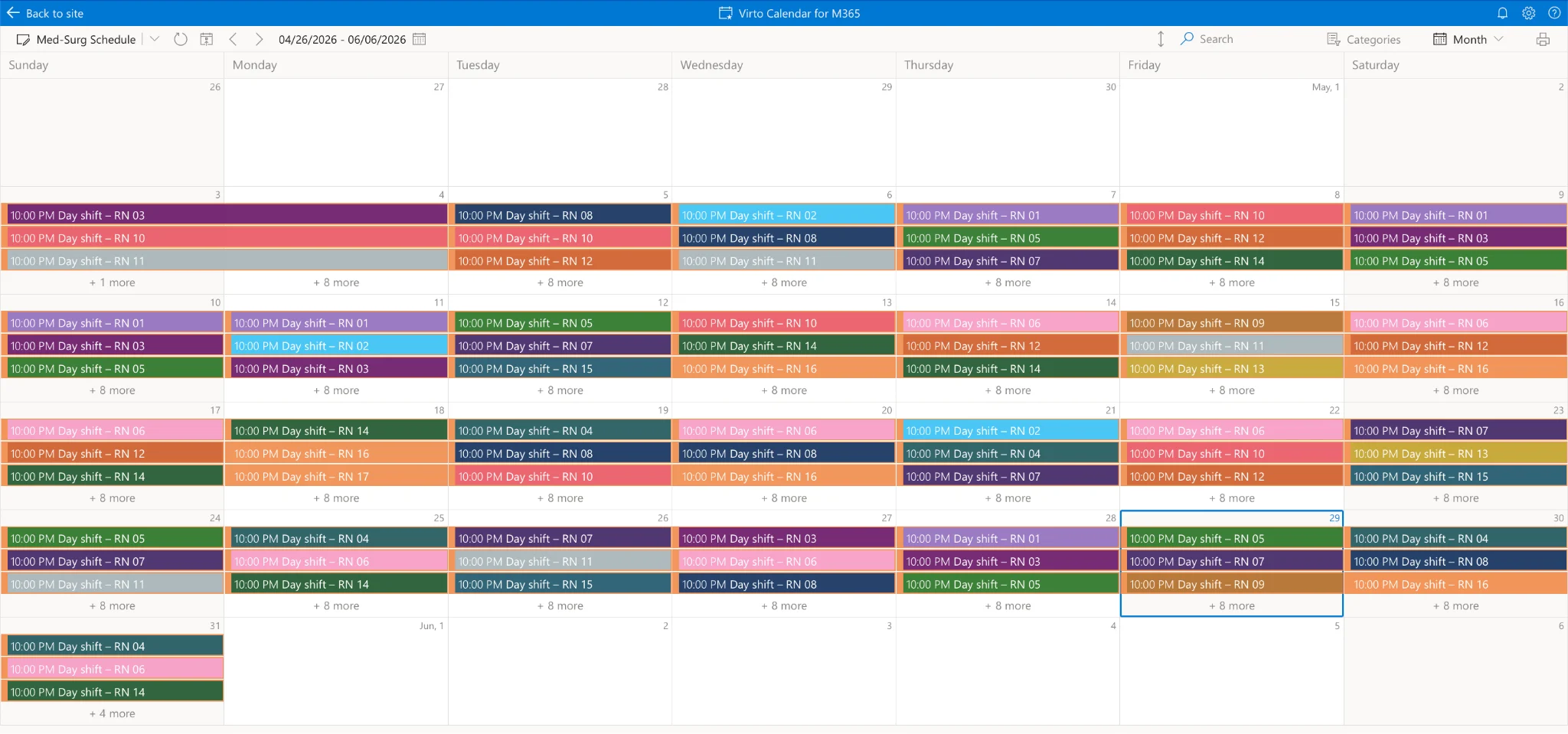Color-coded nurse schedule calendar view