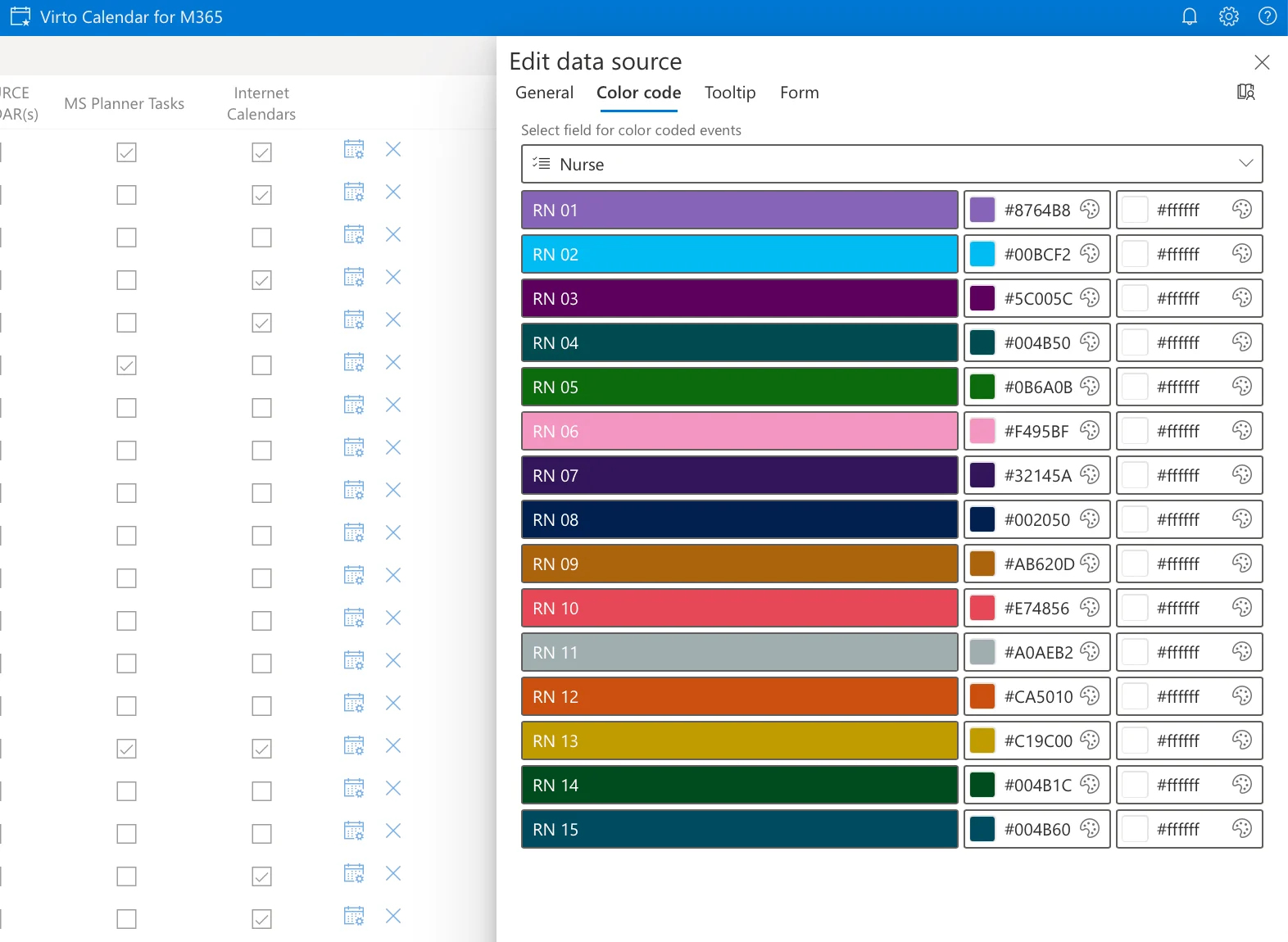 Color-coding settings in the Virto Calendar App