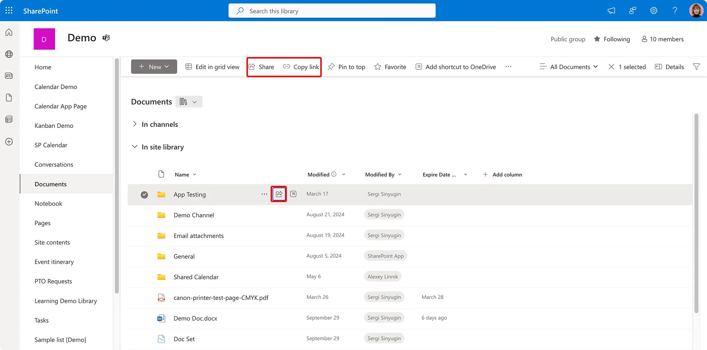 Navigation zu Sharing-Optionen in SharePoint