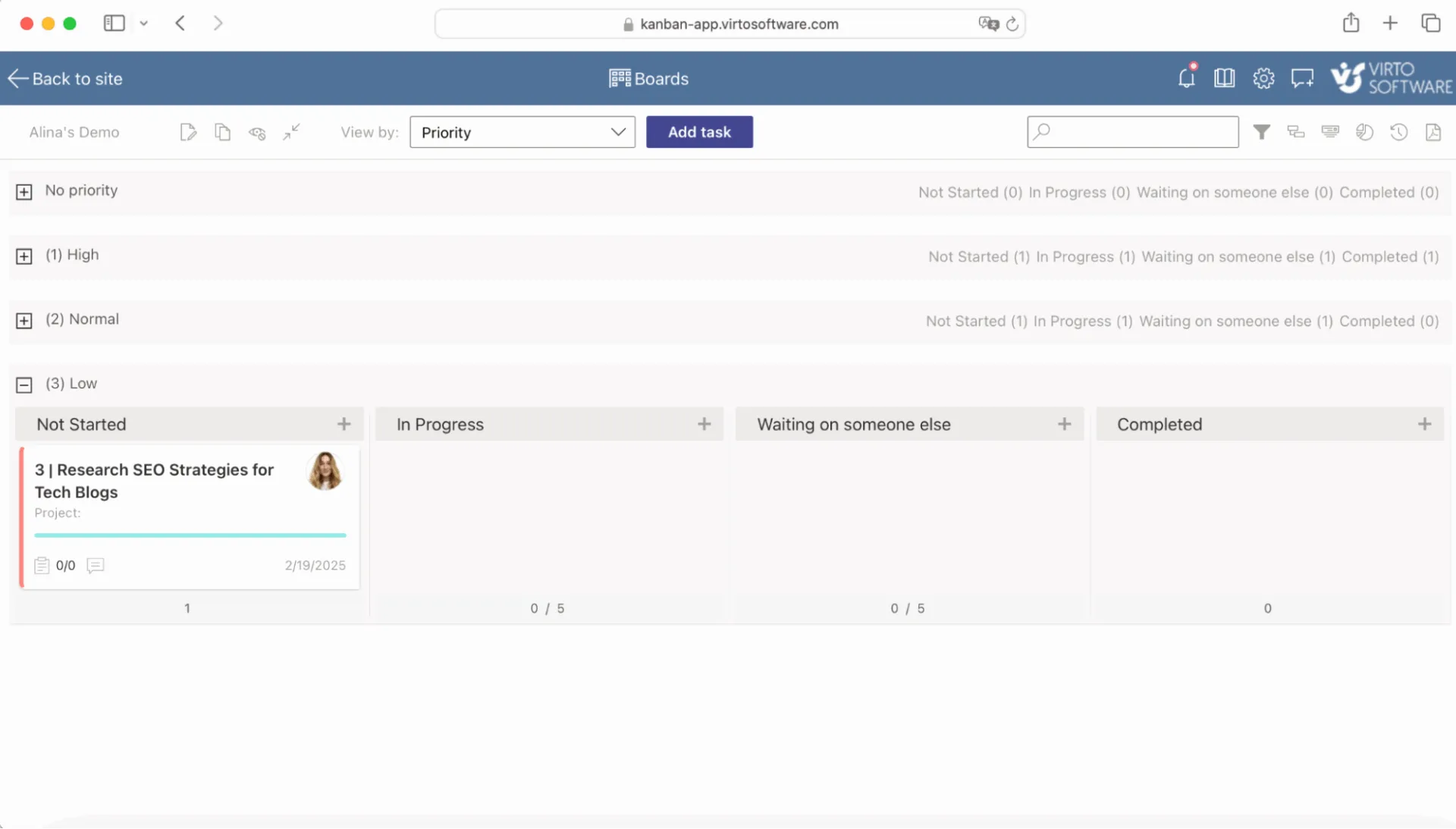 Swimlanes by priority in Virto Kanban Board App