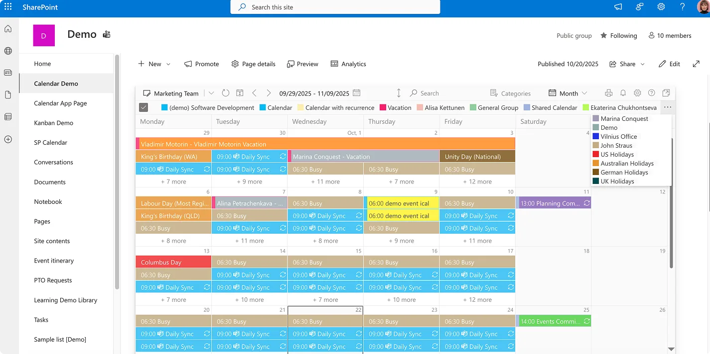 Beispiel für Virto Calendar in SharePoint