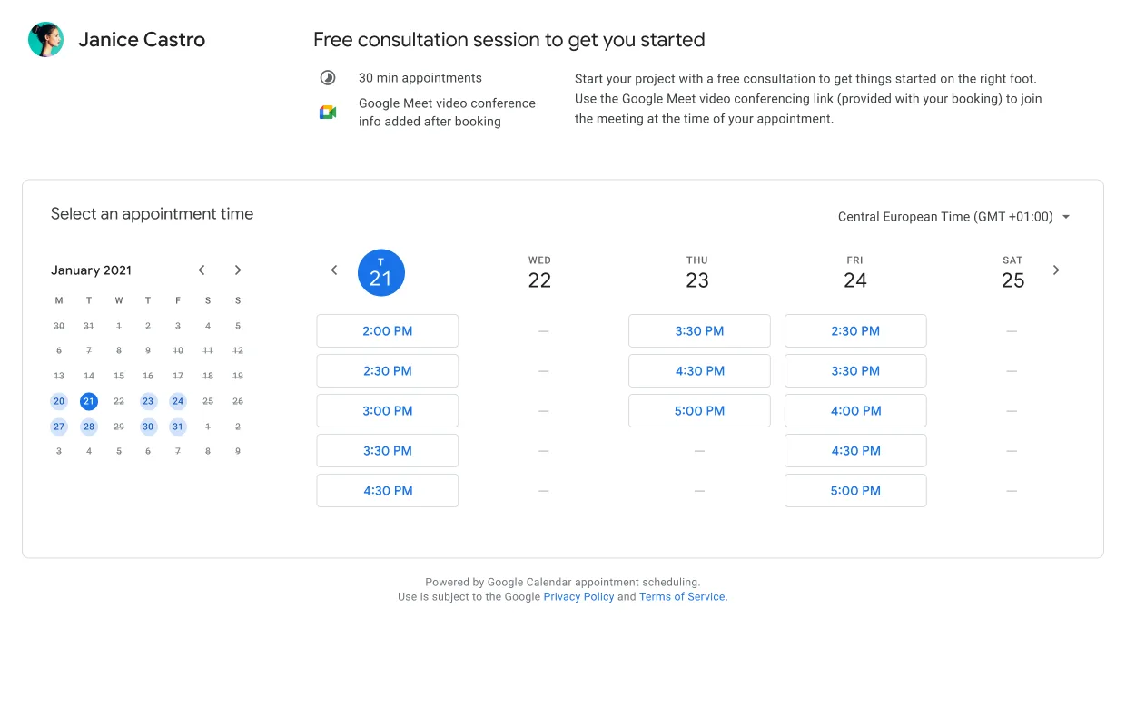 Google Appointment Schedule